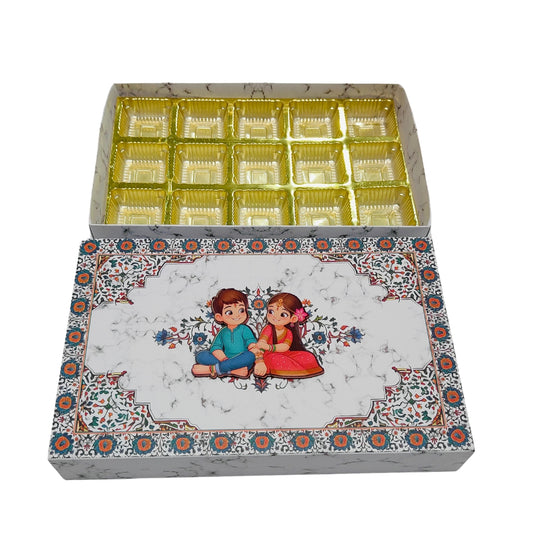 15 Cavity Folding Chocolate Box For Raksha Bandhan - White Marble Horizontal | Grownex Packaging | Chocolate Box