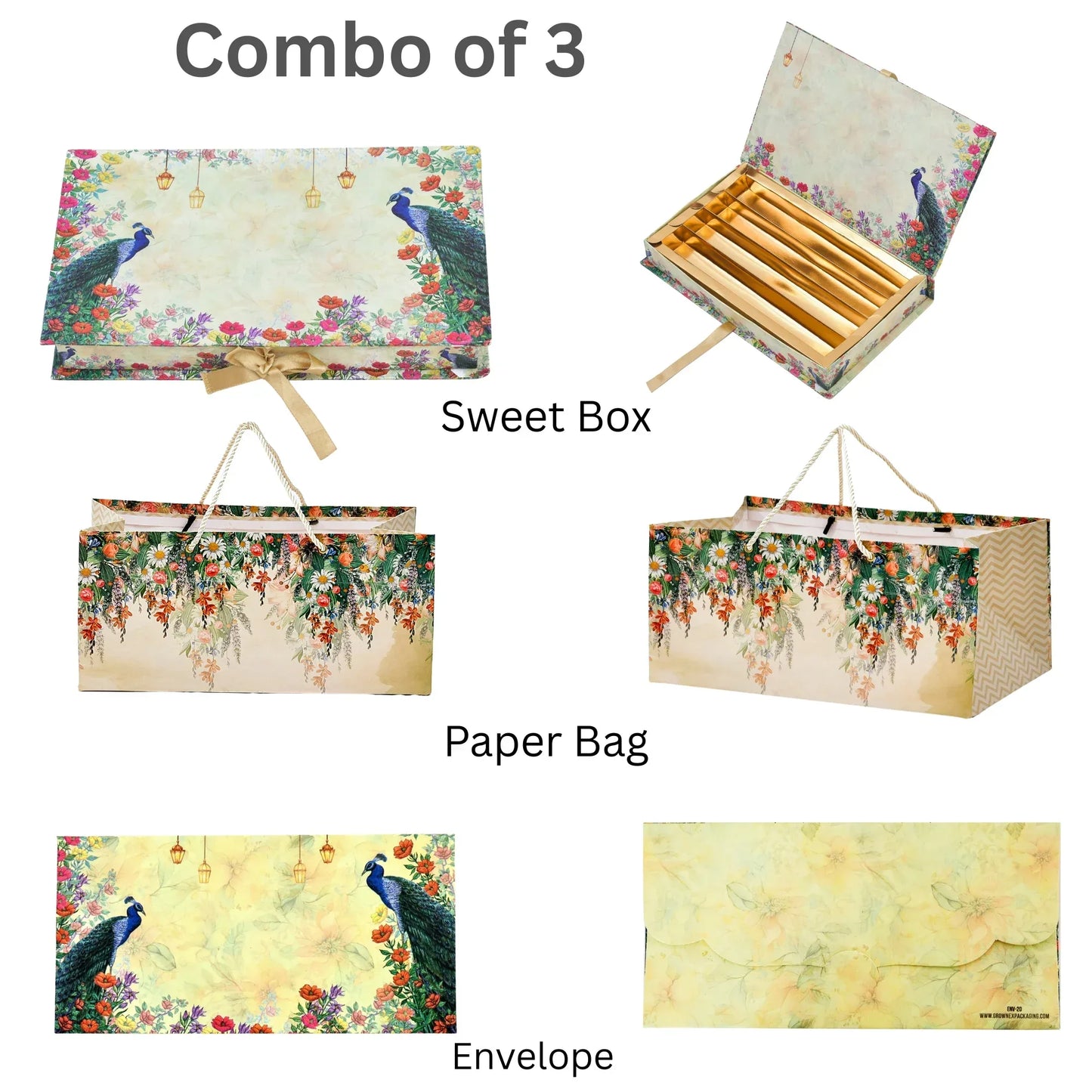 Peacock Design Gift Combo Pack | Sweet Box, Paper Bag & Envelope | Premium Festive Packaging | Grownex Packaging | Sweet Box