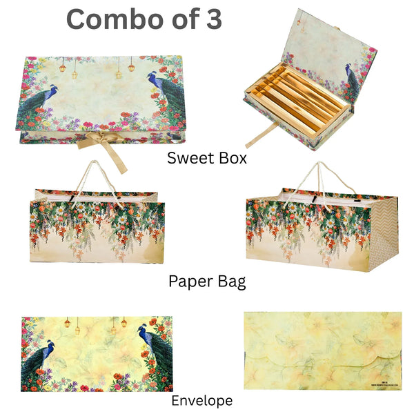 Peacock Design Gift Combo Pack | Sweet Box, Paper Bag & Envelope | Premium Festive Packaging | Grownex Packaging | Sweet Box