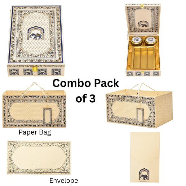 White Royal Elephant Combo Pack of 3 | Wooden Gift Box, Foil Envelope & Paper Bag | Luxury Festive Hampers | Grownex Packaging | Luxury Gifting Combo