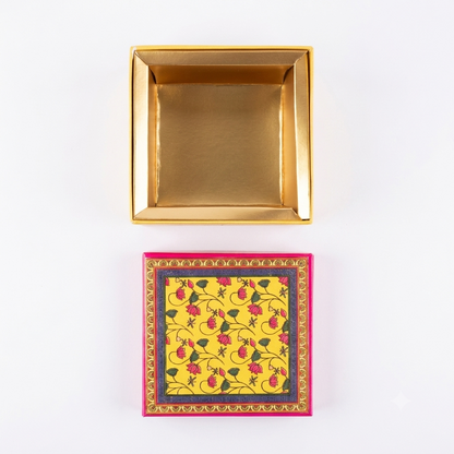 Peacock Floral Yellow Laddoo Box Single Compartment