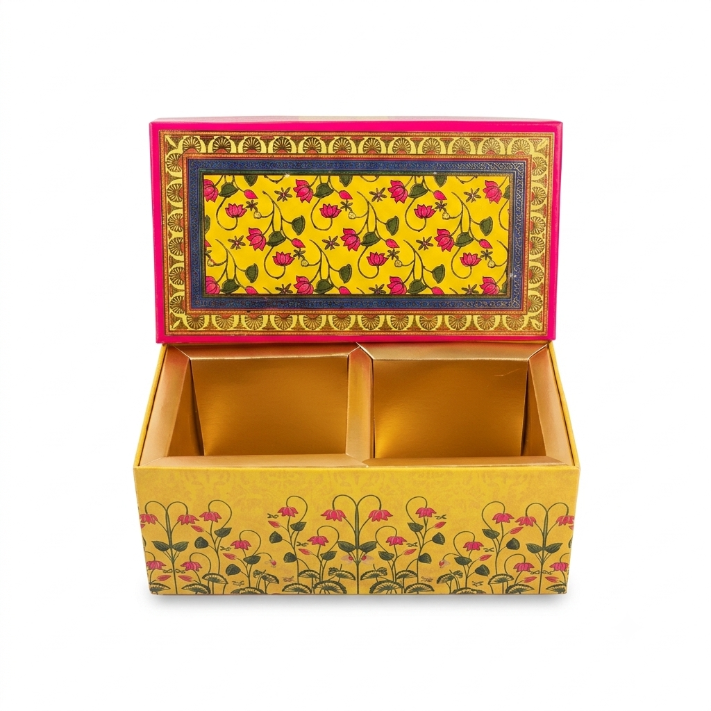 Peacock Floral Yellow Laddoo Box 2-Piece Open Box