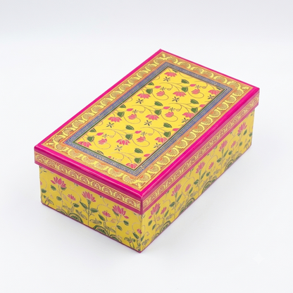 Peacock Floral Yellow Laddoo Box 2-Piece Side Angle