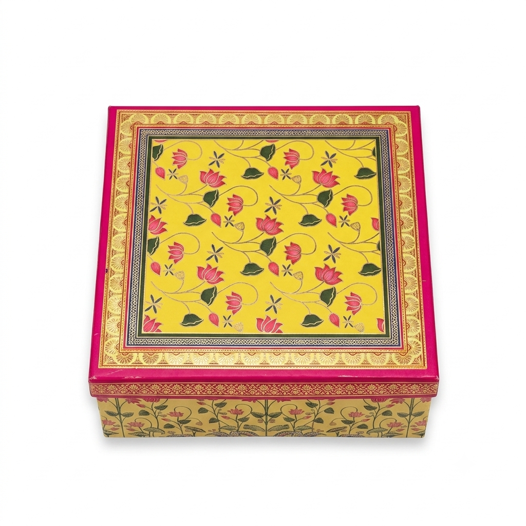 Peacock Floral Yellow Laddoo Box 4 Piece Front View