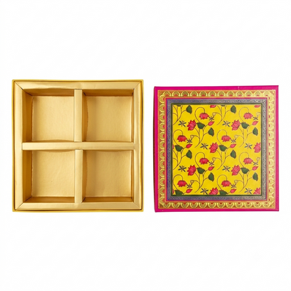 Peacock Floral Yellow Laddoo Box 4 Partitions