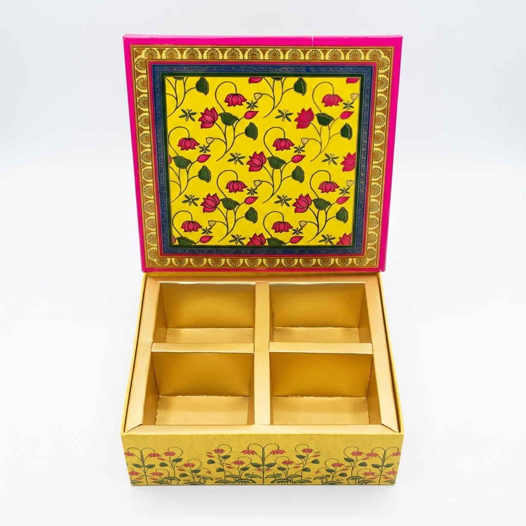 Peacock Floral Yellow Laddoo Box 4 Piece Open Box