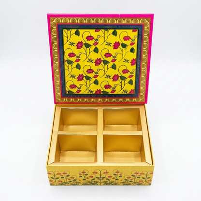 Peacock Floral Yellow Laddoo Box 4 Piece Open Box