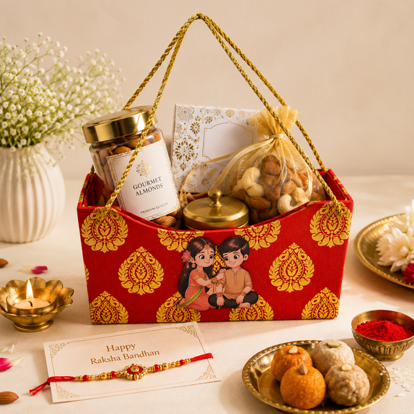 Wooden Handle Rakhi Gift Basket with Sibling Cutout - Front View | Grownex Packaging