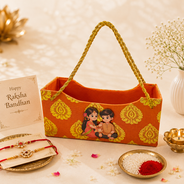 Wooden Handle Rakhi Gift Basket - Front View | Grownex Packaging