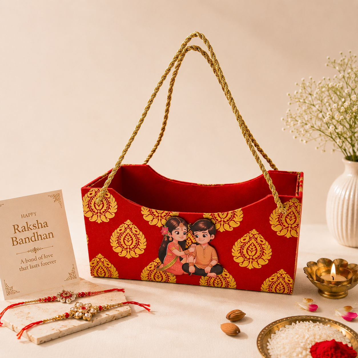 Wooden Handle Rakhi Gift Basket with Sibling Cutout | Raksha Bandhan Hamper Basket