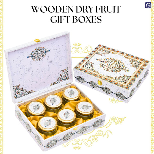 6 Jar White Marble Print Wooden Festive Gift Box | Grownex Packaging | wooden box