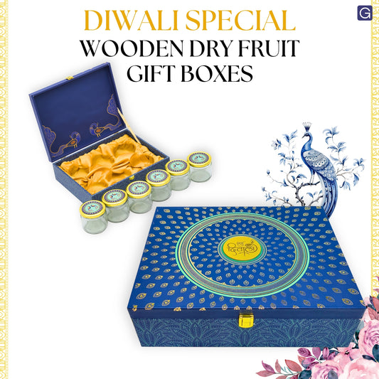 Diwali Special 6 Glass Jars Premium Dry Fruit Gift Box | Grownex Packaging | wooden box
