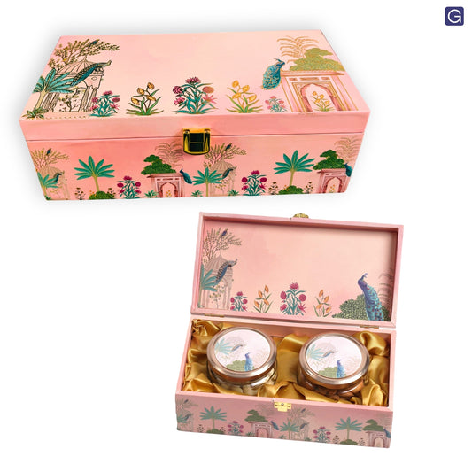 2 Jar Pink Peacock Wooden Box - Dry Fruit | Grownex Packaging | wooden box