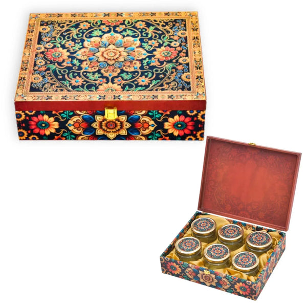 Red floral foil wooden dry fruit gift box with 6 jars