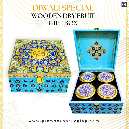 Luxury 4 Glass Jars with Elegant Floral Design| Decorative Dry Fruit/Sweets Storage Box | Grownex Packaging | wooden box