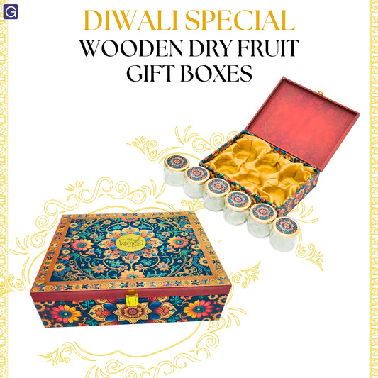 Luxury Shubh Diwali Floral Wooden Gift Box – 6 Jar Premium Dry Fruit & Sweet Hamper | Grownex Packaging | wooden box