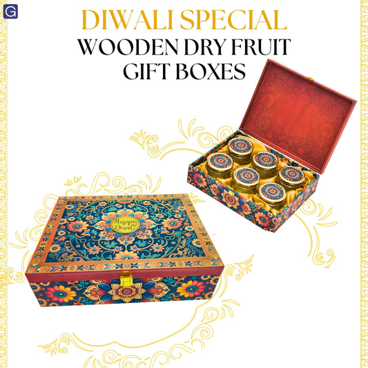 Luxury Happy Diwali Floral Wooden Gift Box – 6 Jar Premium Festive Hamper | Grownex Packaging | wooden box