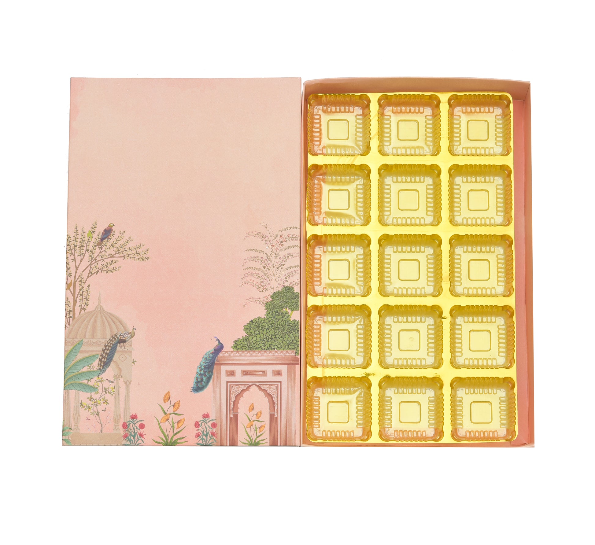 15 Cavity Folding Chocolate Box - Pink Peacock Vertical | Grownex Packaging | Chocolate Box