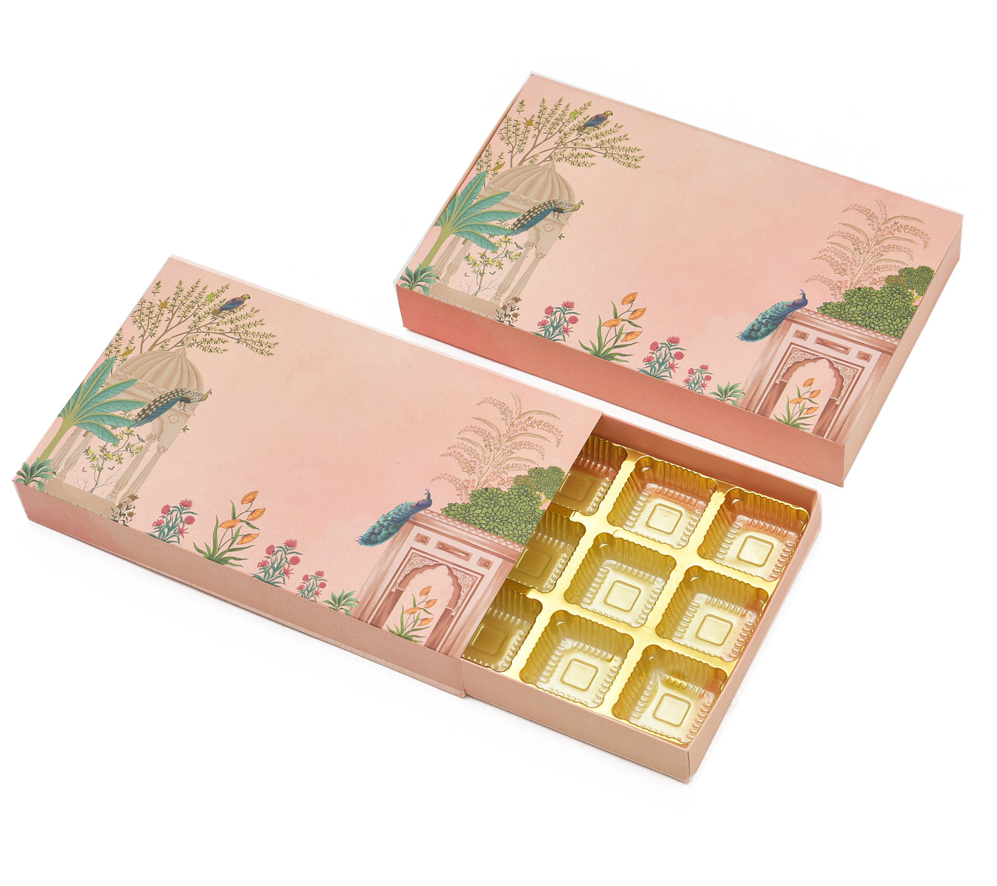 15 Cavity Folding Chocolate Box - Pink Peacock Horizontal | Grownex Packaging | Chocolate Box