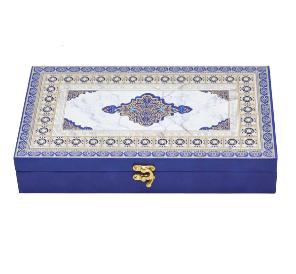 Royal Blue Premium Foil Print Wooden Box 4 Compartments For Dry Fruit & Chocolate Packaging | Grownex Packaging | wooden box