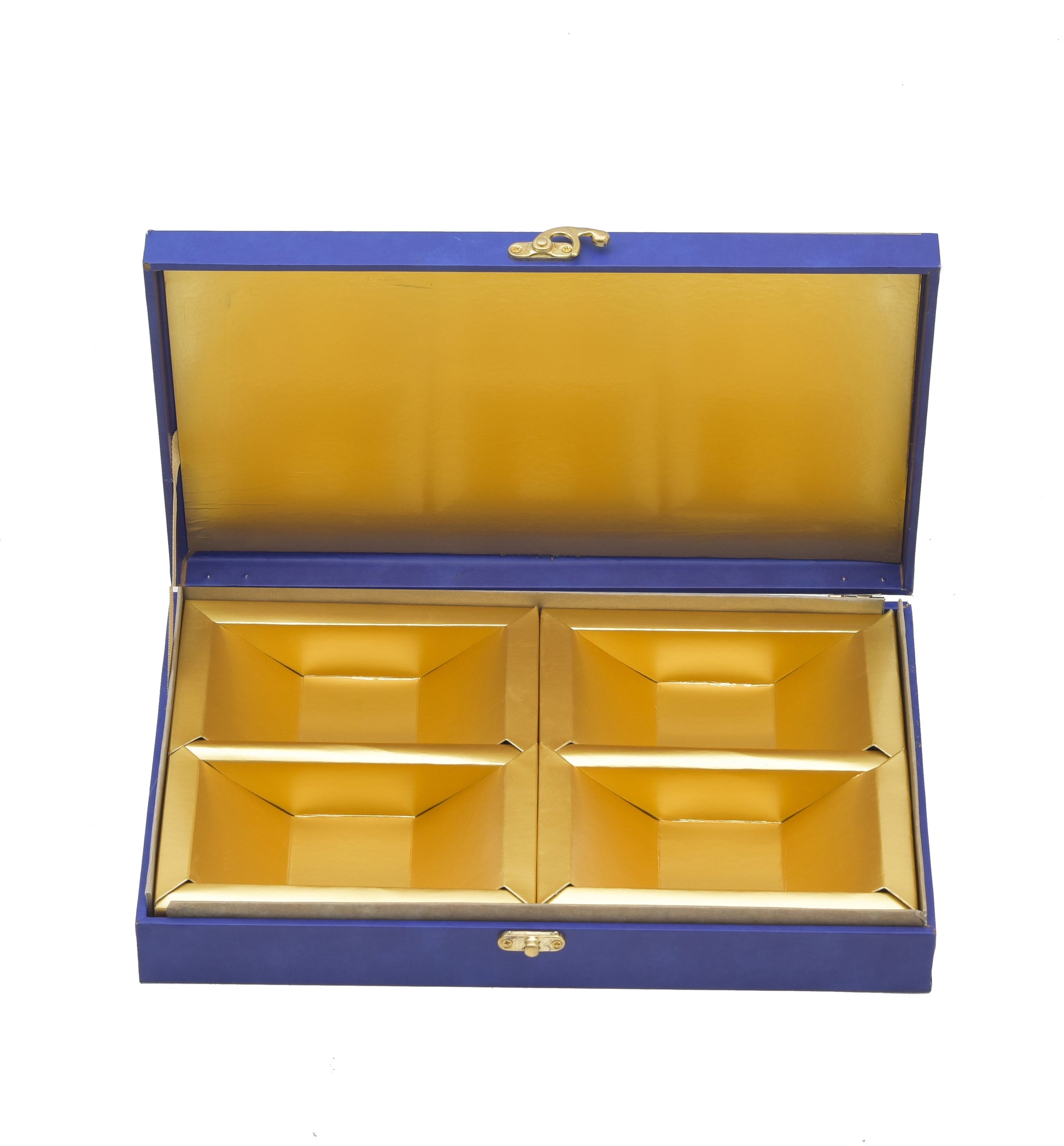 Royal Blue Premium Foil Print Wooden Box 4 Compartments For Dry Fruit & Chocolate Packaging | Grownex Packaging | wooden box