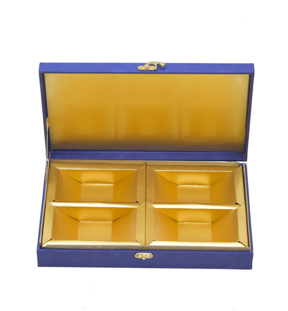 Royal Blue Premium Foil Print Wooden Box 4 Compartments For Dry Fruit & Chocolate Packaging | Grownex Packaging | wooden box