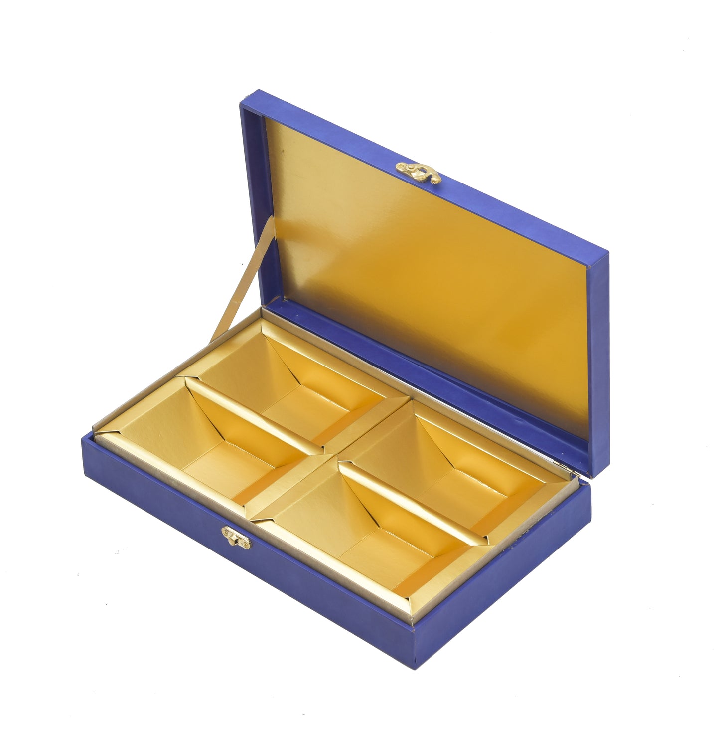 Royal Blue Premium Foil Print Wooden Box 4 Compartments For Dry Fruit & Chocolate Packaging | Grownex Packaging | wooden box
