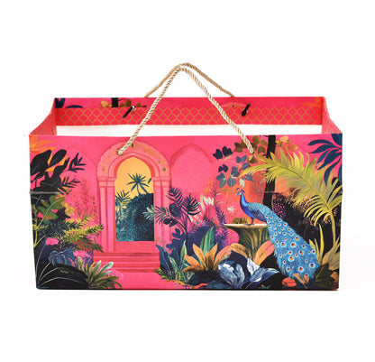 Rani Pink Peacock Printed Paper Gift Bag 14.4 × 9.4 × 7.5 Inch | Luxury Hamper & Gift Packaging
