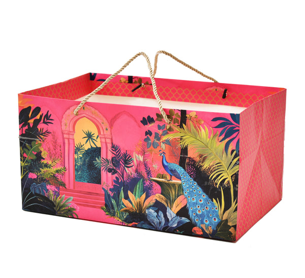 Rani Pink Peacock Printed Paper Gift Bag 14.4 × 9.4 × 7.5 Inch | Luxury Hamper & Gift Packaging