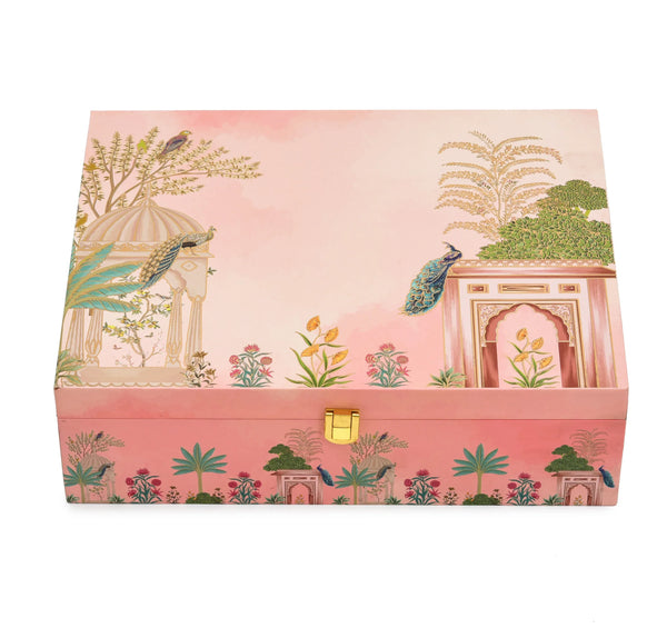 6 glass jars arranged inside pink wooden hamper box