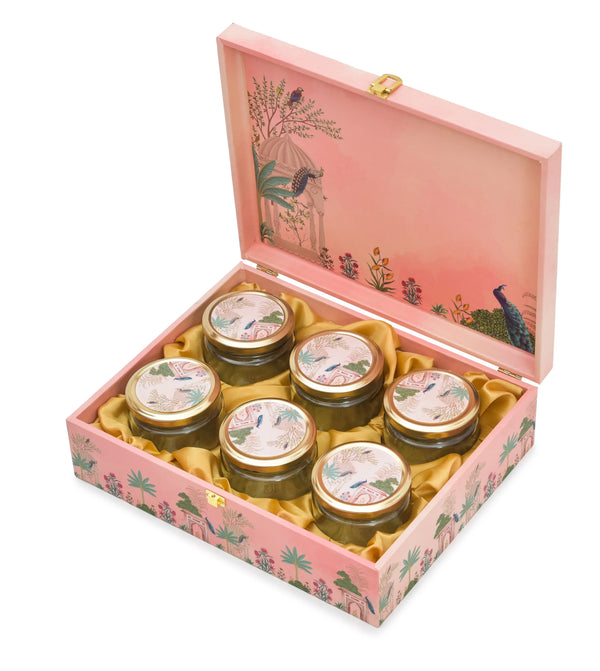 6 Jar Pink Peacock Print Wooden Dry Fruit Gift Box For Festival Gifting | Grownex Packaging | wooden box