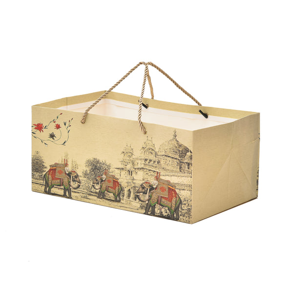 Beige Elephant Printed Paper Bag | Premium Gift Shop & Festive Event Packaging