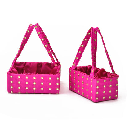 Pink Mirror Work Handle Basket | Handmade Decorative Gift & Storage Basket for Return Gifts, Weddings, Puja & Festive Décor | Grownex Packaging | Basket & Tray