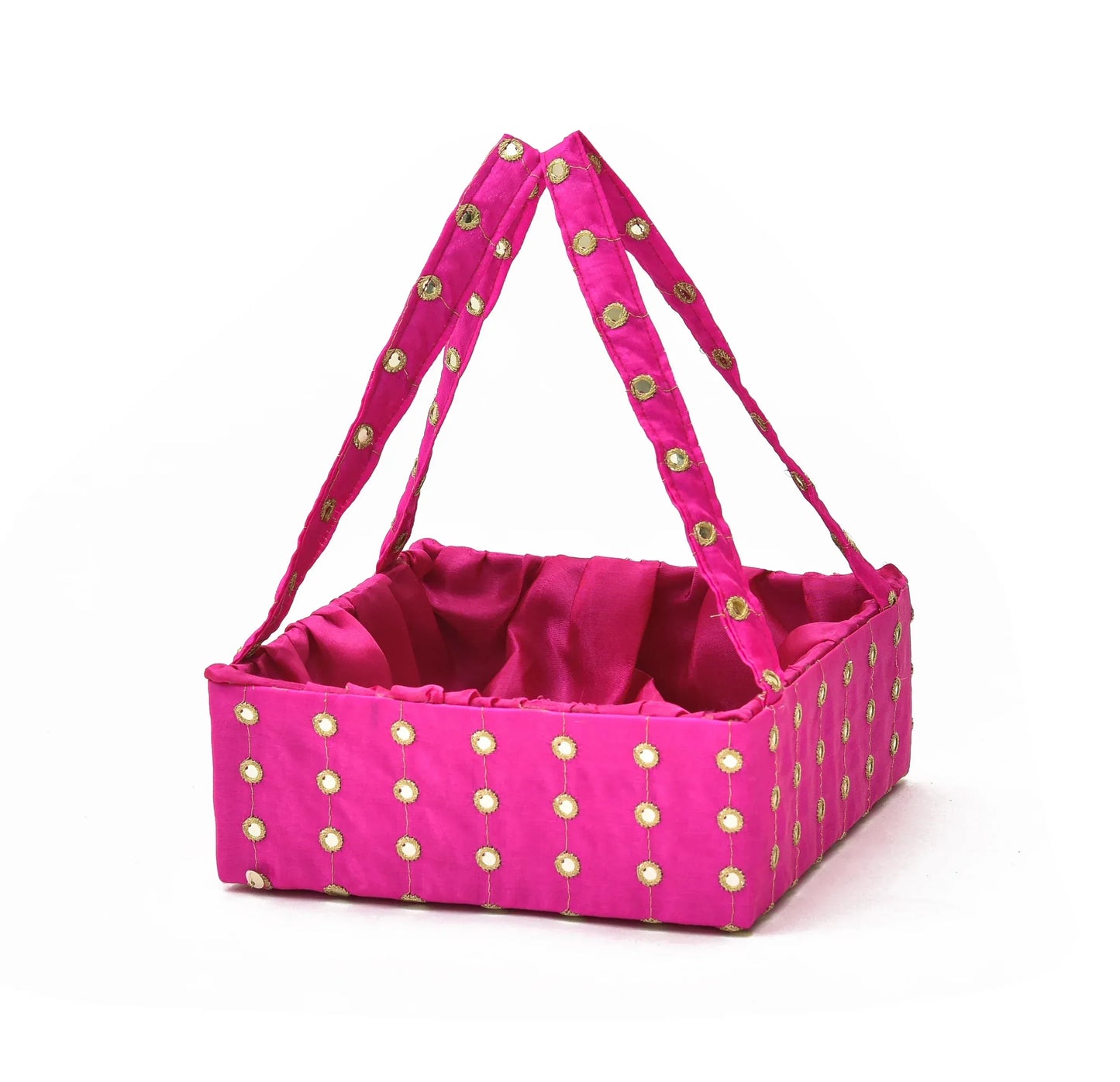 Pink Mirror Work Handle Basket | Handmade Decorative Gift & Storage Basket for Return Gifts, Weddings, Puja & Festive Décor | Grownex Packaging | Basket & Tray