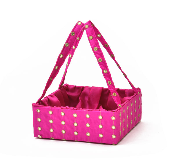 Pink Handmade Mirror Work Handle Basket - Front View | Grownex Packaging