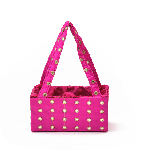 Pink Handmade Mirror Work Handle Basket - Close-Up Design Detail | Grownex Packaging