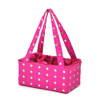 Pink Mirror Work Handle Basket | Handmade Decorative Gift & Storage Basket for Return Gifts, Weddings, Puja & Festive Décor | Grownex Packaging | Basket & Tray