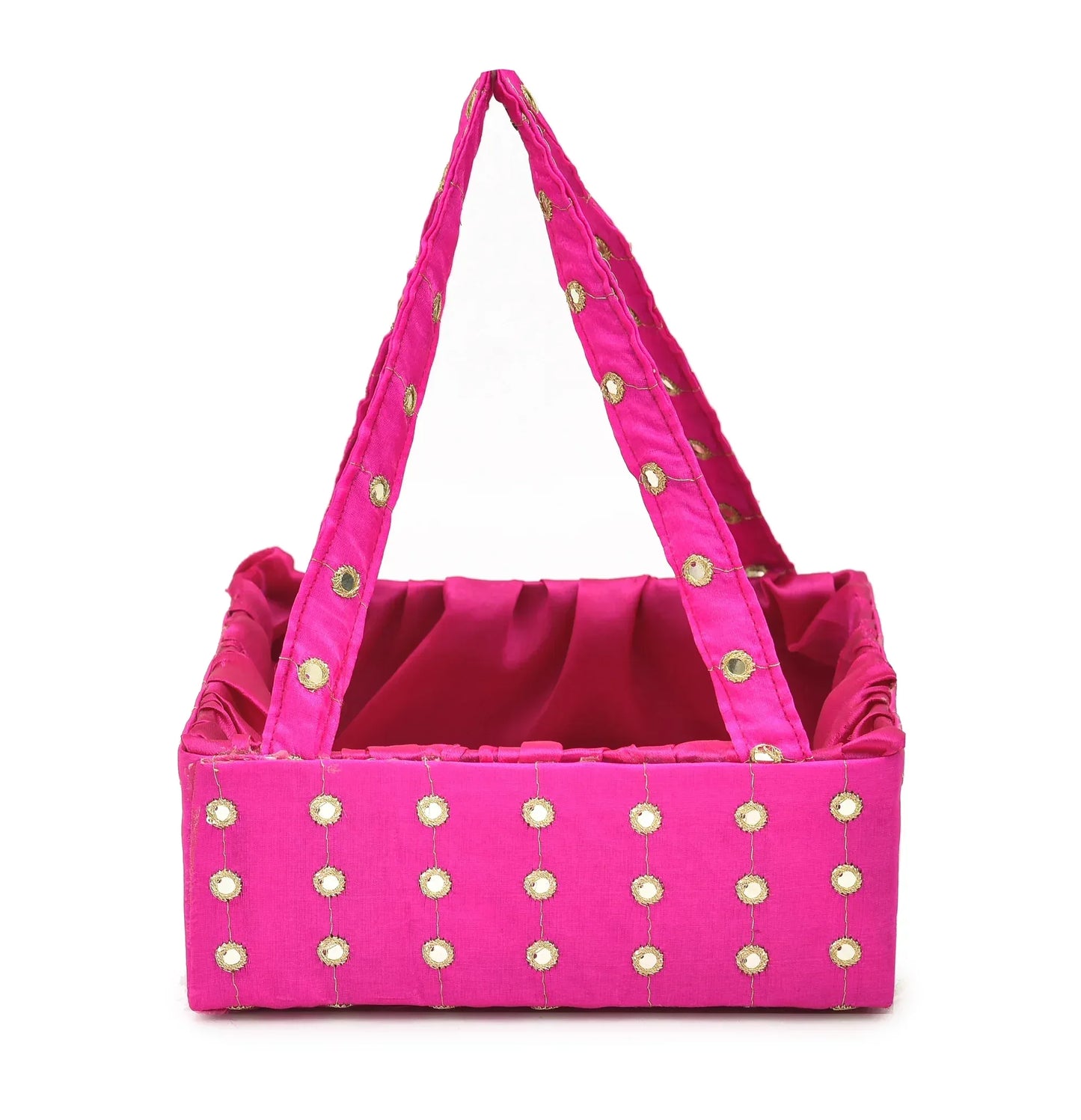 Pink Mirror Work Handle Basket | Handmade Decorative Gift & Storage Basket for Return Gifts, Weddings, Puja & Festive Décor | Grownex Packaging | Basket & Tray