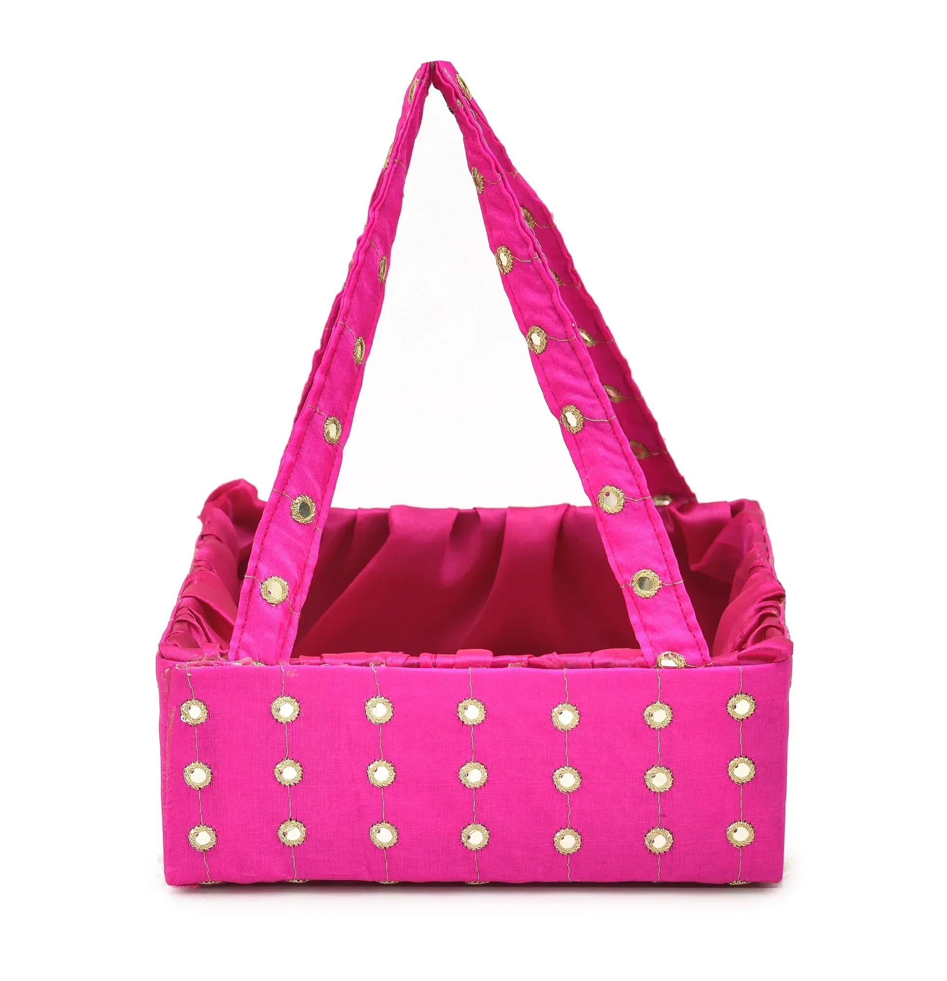 Pink Mirror Work Handle Basket | Handmade Decorative Gift & Storage Basket for Return Gifts, Weddings, Puja & Festive Décor | Grownex Packaging | Basket & Tray
