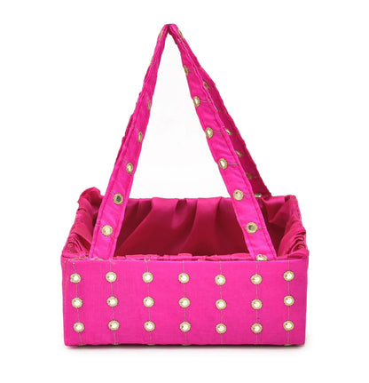 Pink Mirror Work Handle Basket | Handmade Decorative Gift & Storage Basket for Return Gifts, Weddings, Puja & Festive Décor | Grownex Packaging | Basket & Tray