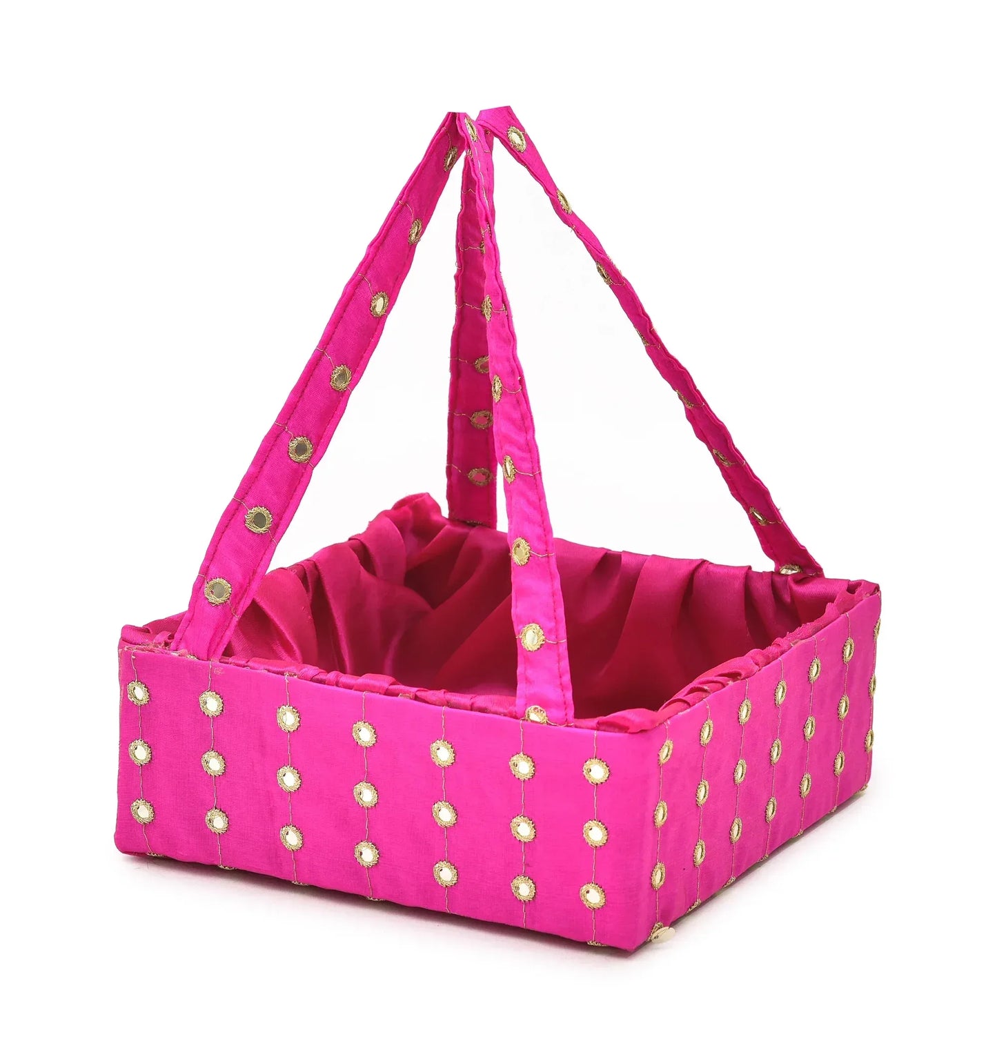 Pink Mirror Work Handle Basket | Handmade Decorative Gift & Storage Basket for Return Gifts, Weddings, Puja & Festive Décor | Grownex Packaging | Basket & Tray