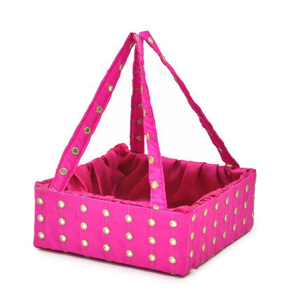 Pink Mirror Work Handle Basket | Handmade Decorative Gift & Storage Basket for Return Gifts, Weddings, Puja & Festive Décor | Grownex Packaging | Basket & Tray