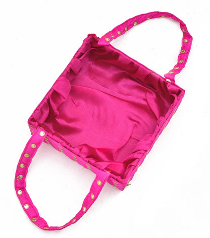 Pink Mirror Work Handle Basket | Handmade Decorative Gift & Storage Basket for Return Gifts, Weddings, Puja & Festive Décor | Grownex Packaging | Basket & Tray