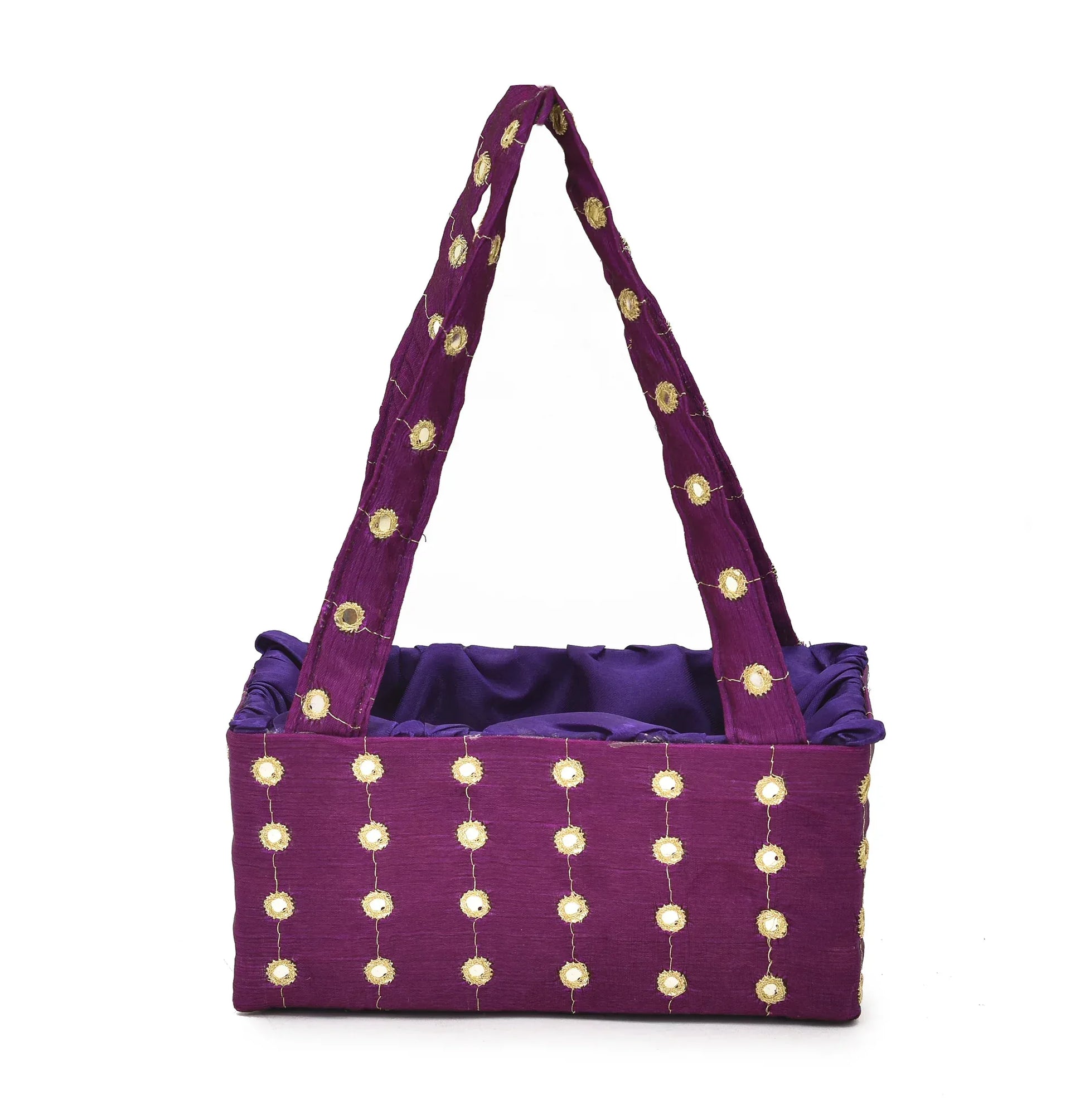 Purple Mirror Work Handle Basket | Handmade Decorative Gift & Storage Basket for Return Gifts, Puja & Festive Décor | Grownex Packaging | Basket & Tray