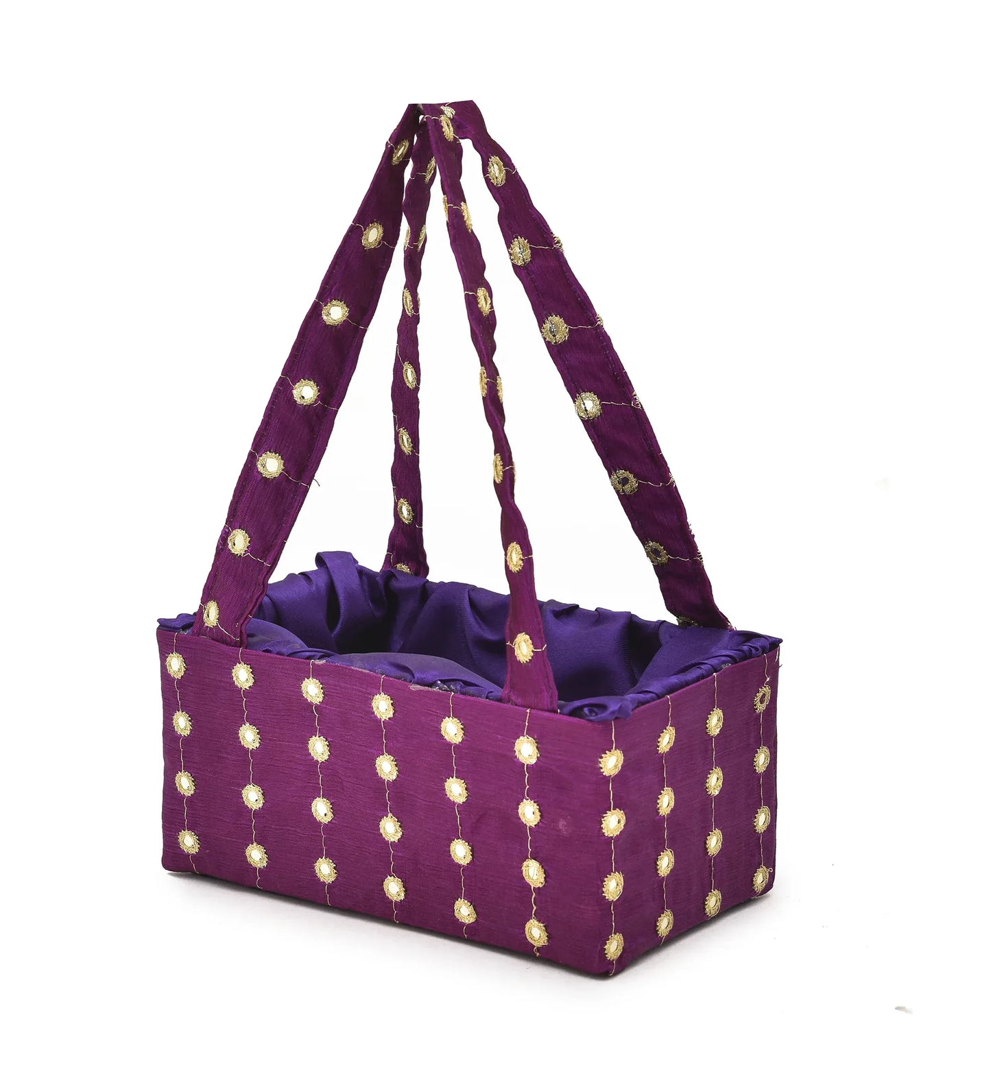 Purple Mirror Work Handle Basket | Handmade Decorative Gift & Storage Basket for Return Gifts, Puja & Festive Décor | Grownex Packaging | Basket & Tray