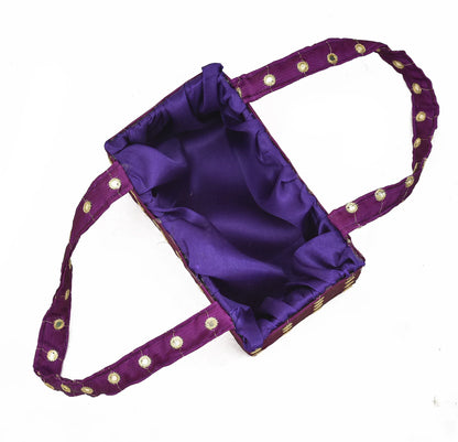 Purple Mirror Work Handle Basket | Handmade Decorative Gift & Storage Basket for Return Gifts, Puja & Festive Décor | Grownex Packaging | Basket & Tray