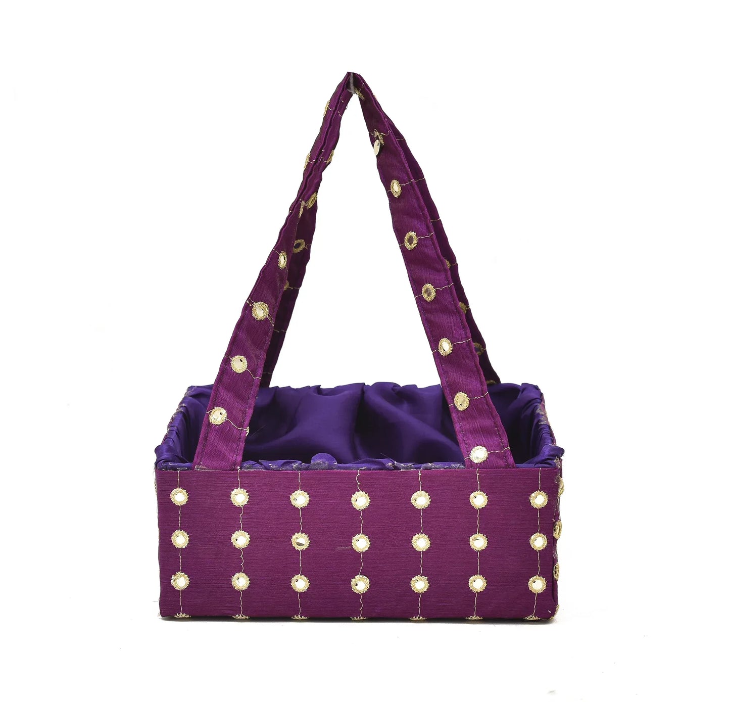 Purple Mirror Work Handle Basket | Handmade Decorative Gift & Storage Basket for Return Gifts, Puja & Festive Décor | Grownex Packaging | Basket & Tray