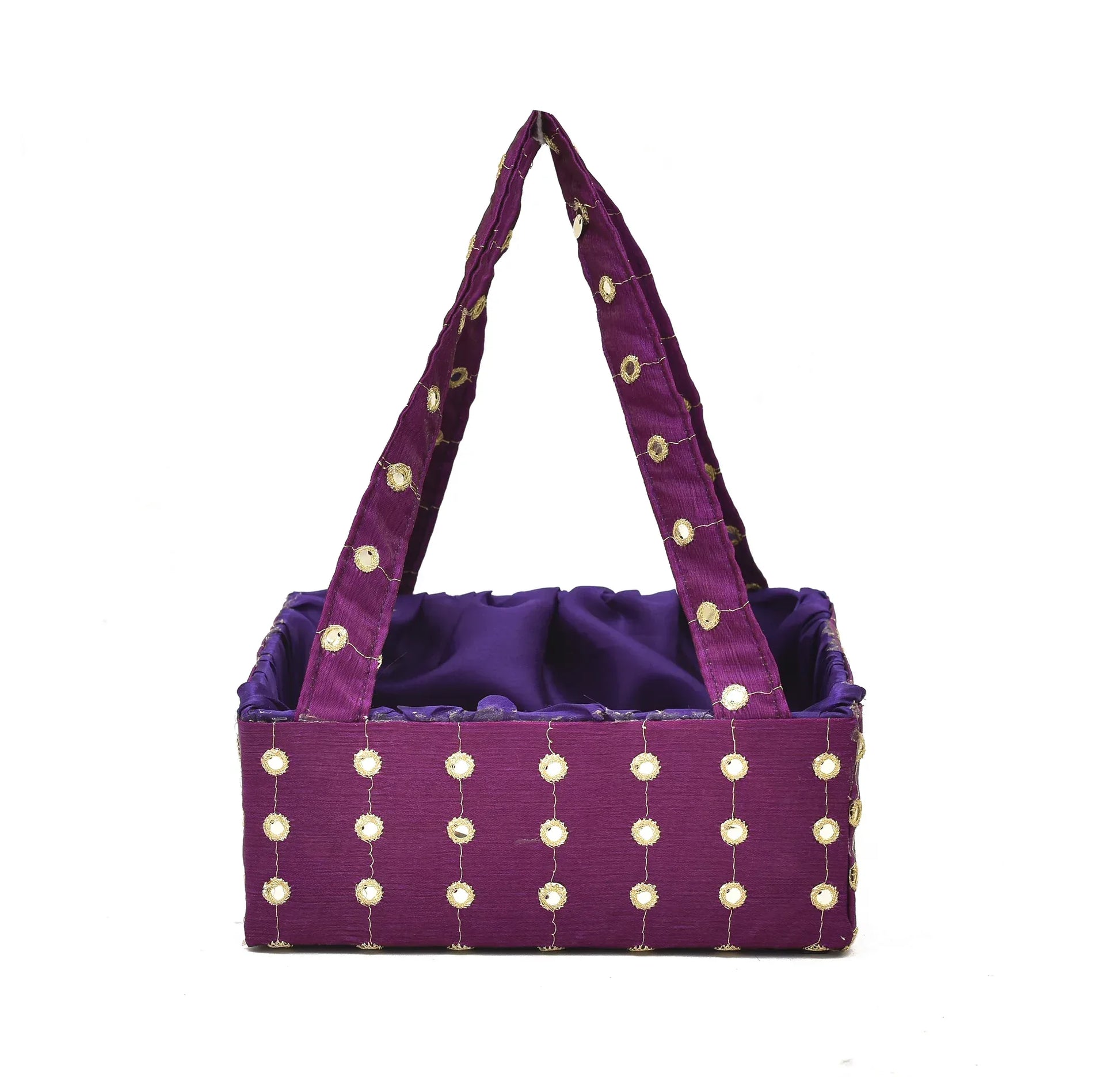 Purple Mirror Work Handle Basket | Handmade Decorative Gift & Storage Basket for Return Gifts, Puja & Festive Décor | Grownex Packaging | Basket & Tray