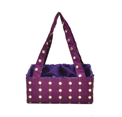Purple Mirror Work Handle Basket | Handmade Decorative Gift & Storage Basket for Return Gifts, Puja & Festive Décor | Grownex Packaging | Basket & Tray