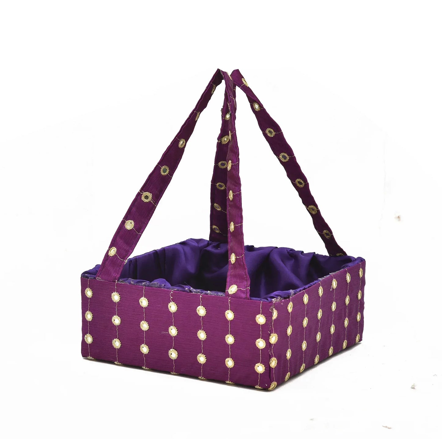 Purple Mirror Work Handle Basket | Handmade Decorative Gift & Storage Basket for Return Gifts, Puja & Festive Décor | Grownex Packaging | Basket & Tray